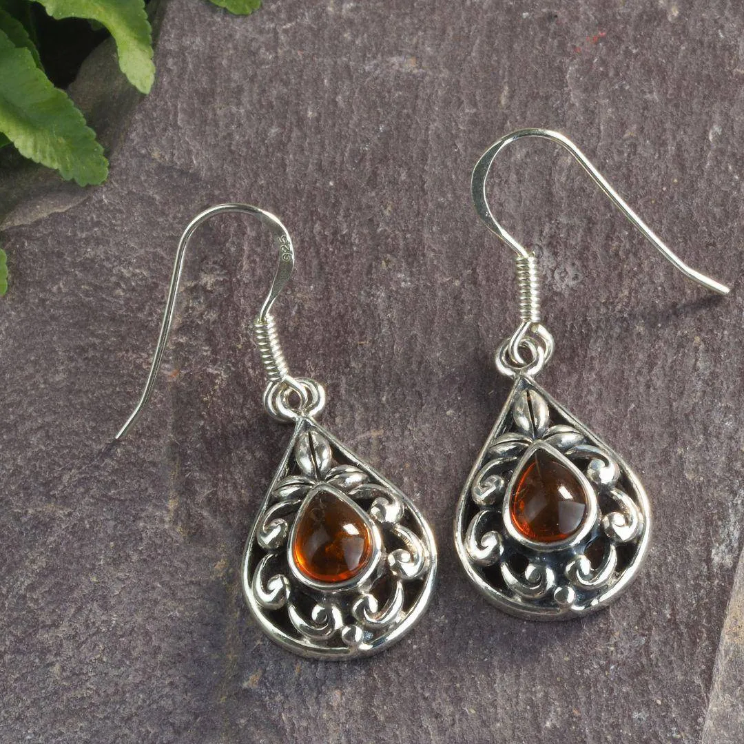 Sterling Silver Ornate Amber Teardrop Earrings