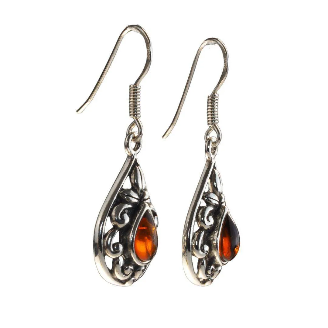 Sterling Silver Ornate Amber Teardrop Earrings