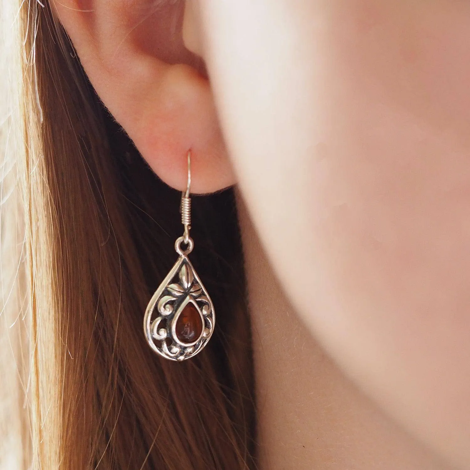 Sterling Silver Ornate Amber Teardrop Earrings
