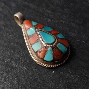 Turquoise and Coral Inlay Tear Drop Silver Pendant