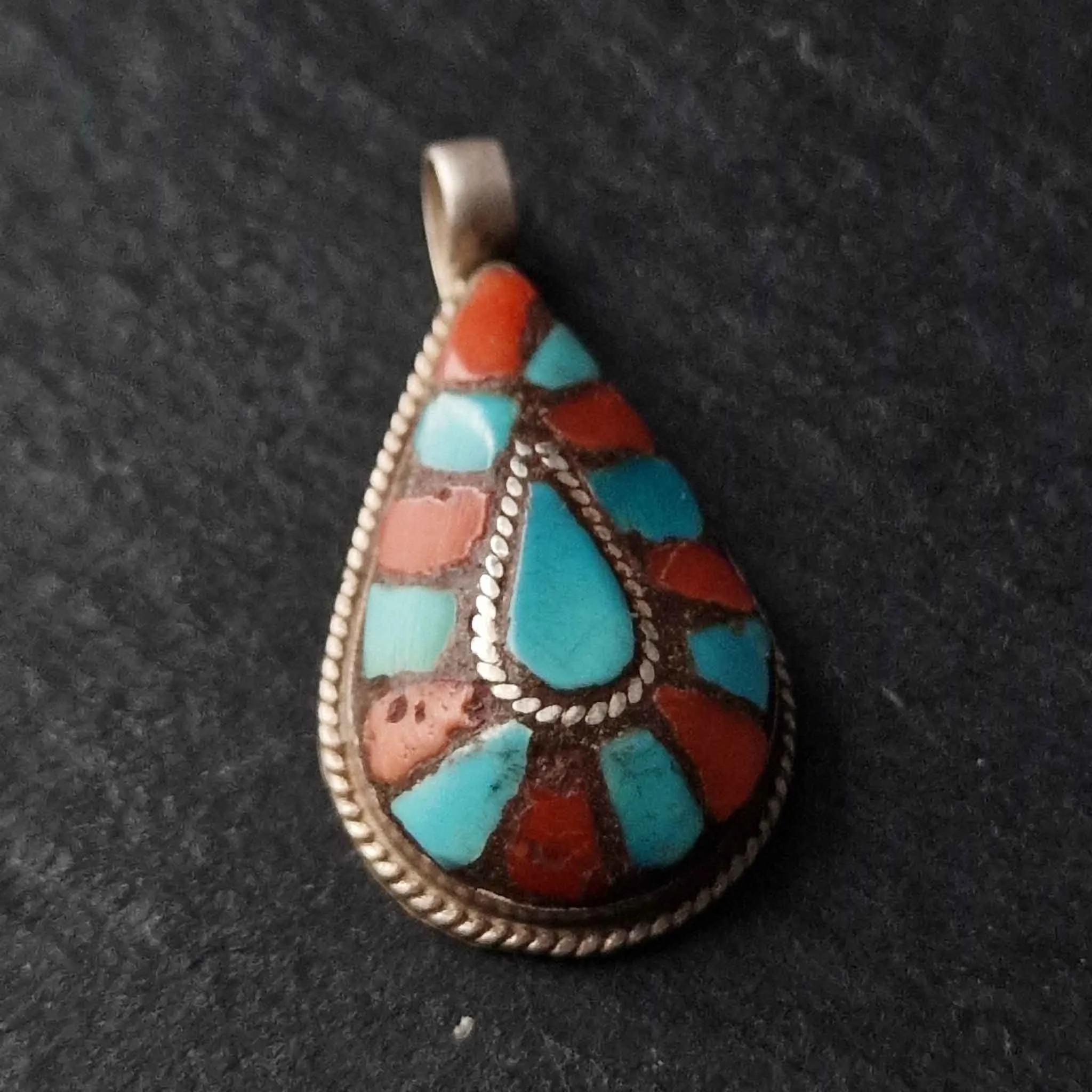 Turquoise and Coral Inlay Tear Drop Silver Pendant