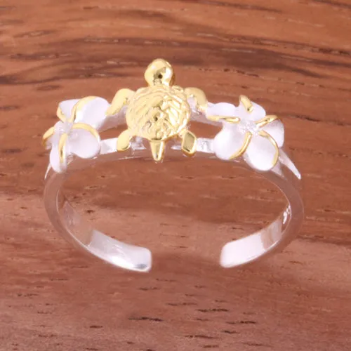 Two Tone Yellow Gold Plated 6mm Plumeria and Honu Toe Ring