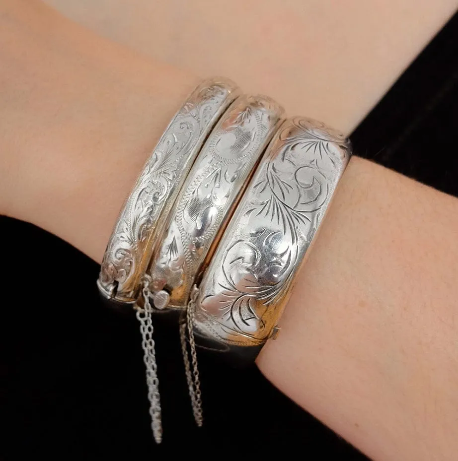 Vintage 1970s Engraved Silver Bangle Bracelet