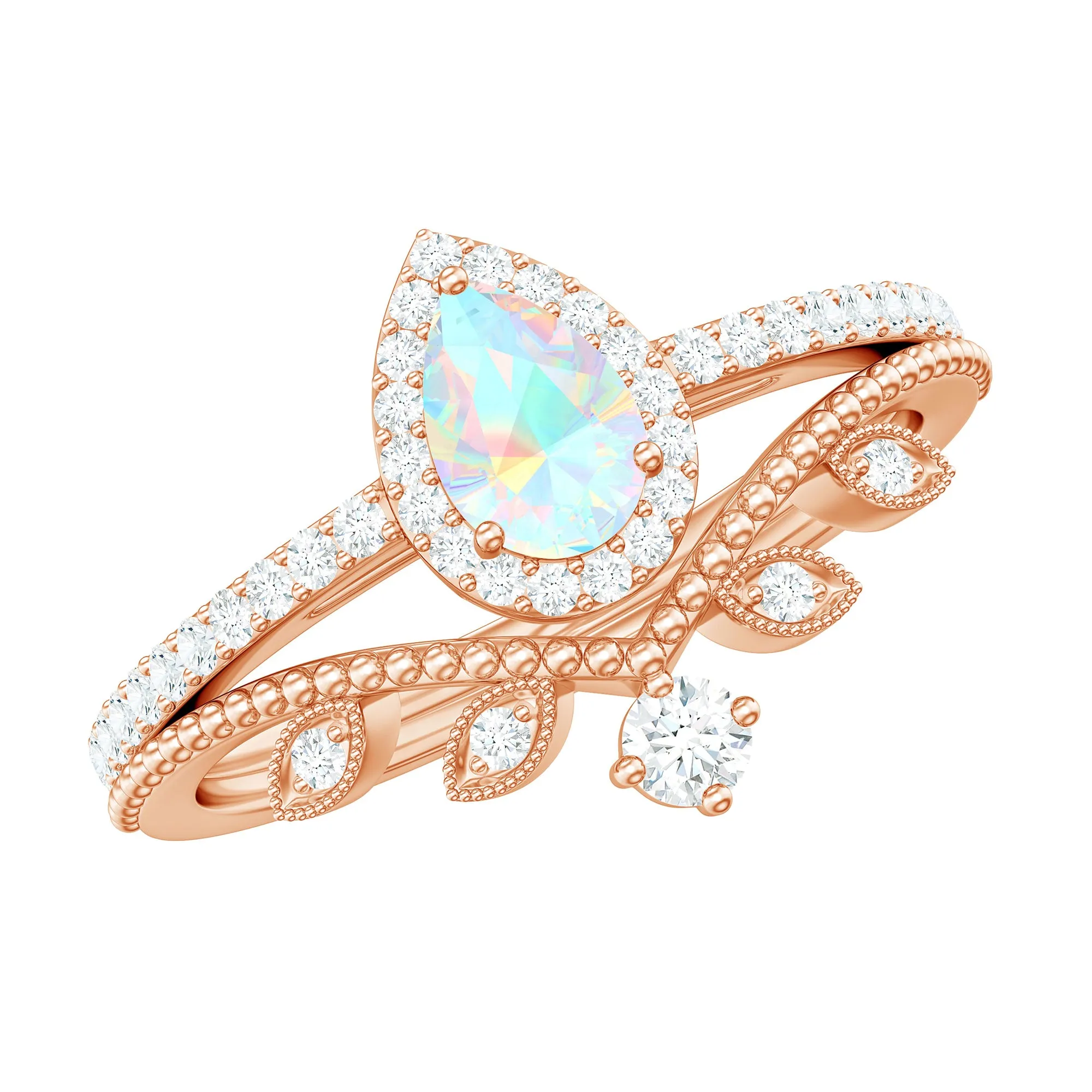 Vintage Style Ethiopian Opal Teardrop Wedding Ring Set with Diamond