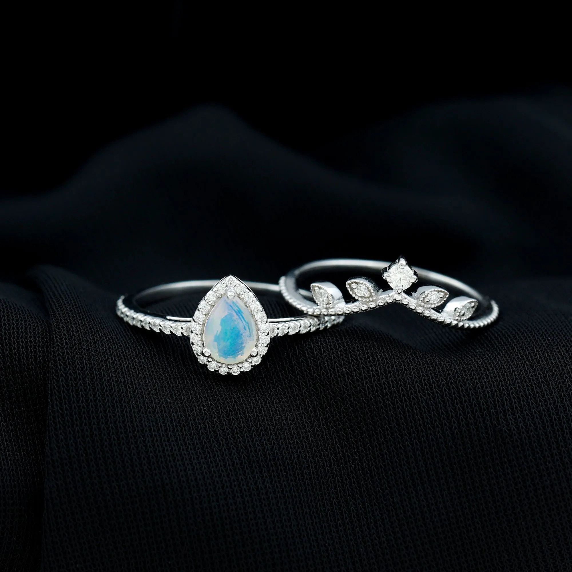 Vintage Style Ethiopian Opal Teardrop Wedding Ring Set with Diamond