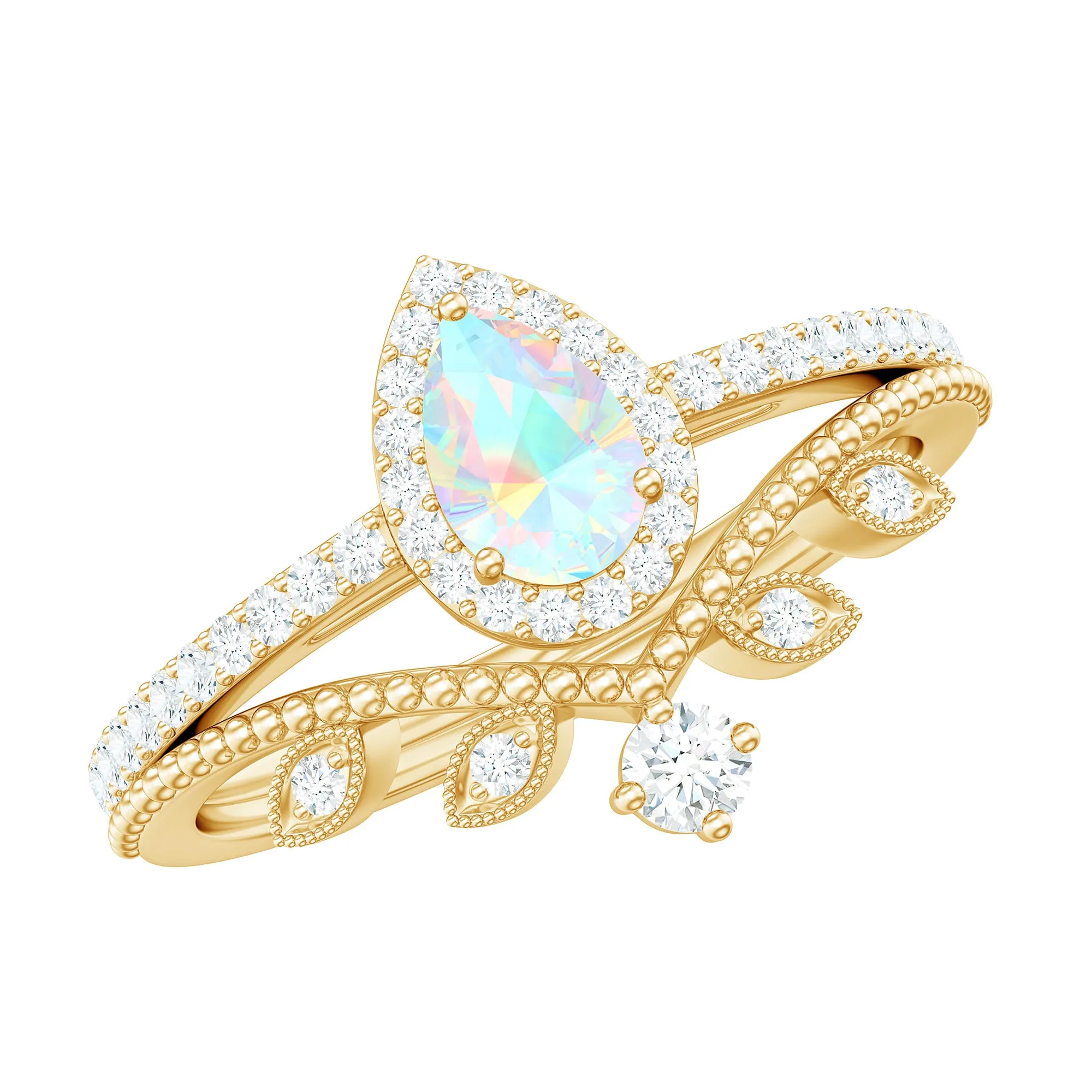 Vintage Style Ethiopian Opal Teardrop Wedding Ring Set with Diamond