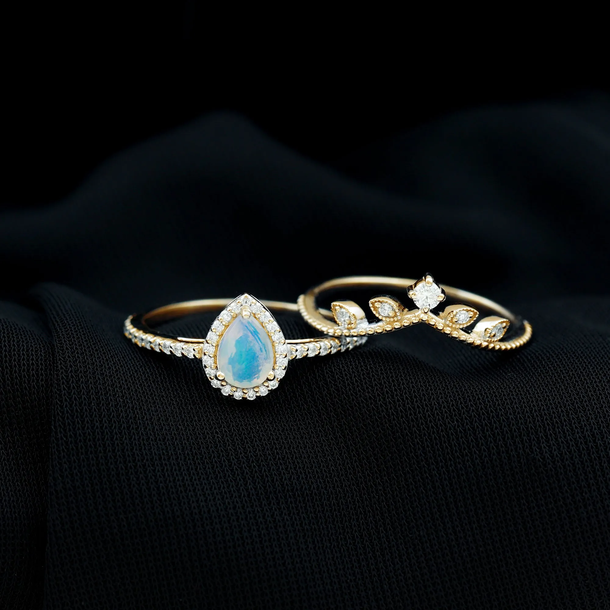 Vintage Style Ethiopian Opal Teardrop Wedding Ring Set with Diamond