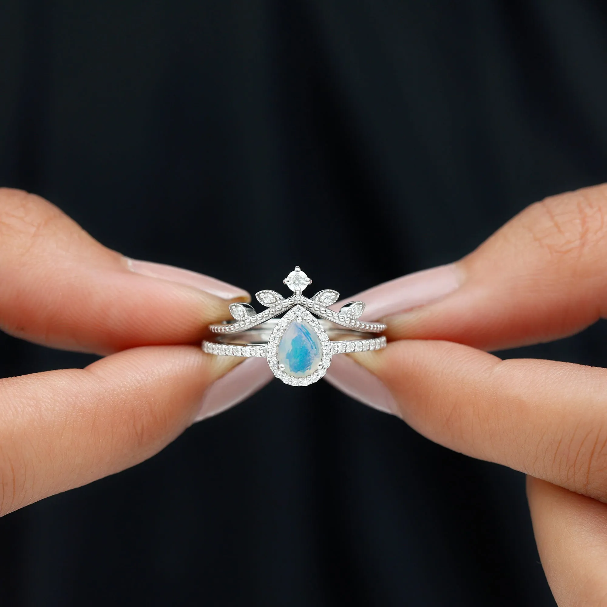Vintage Style Ethiopian Opal Teardrop Wedding Ring Set with Diamond