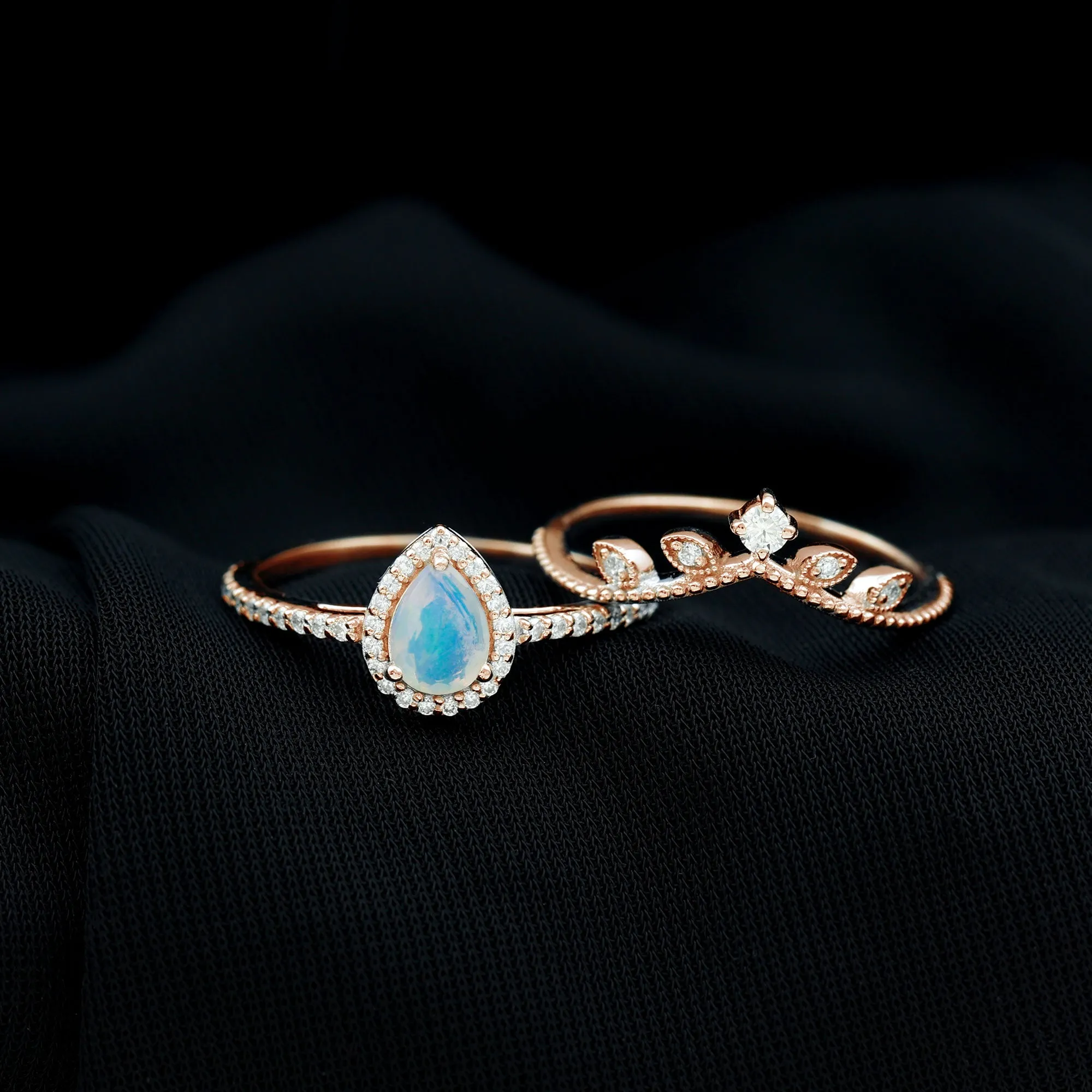 Vintage Style Ethiopian Opal Teardrop Wedding Ring Set with Diamond