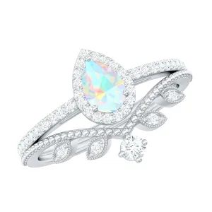 Vintage Style Ethiopian Opal Teardrop Wedding Ring Set with Diamond