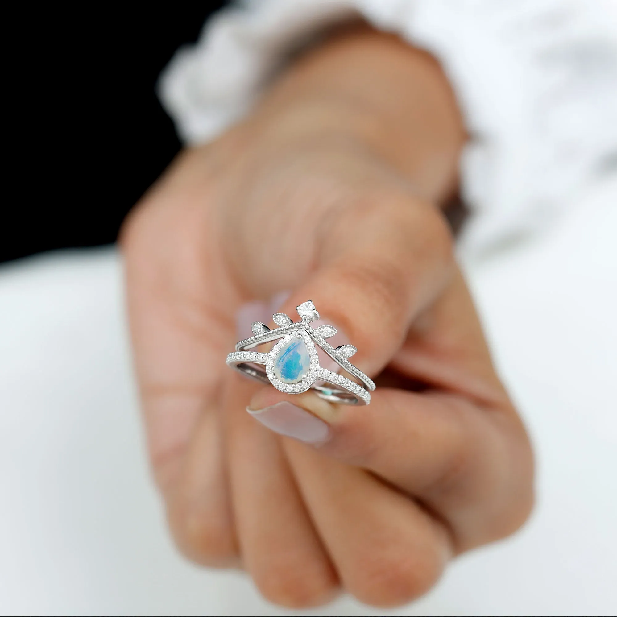 Vintage Style Ethiopian Opal Teardrop Wedding Ring Set with Diamond