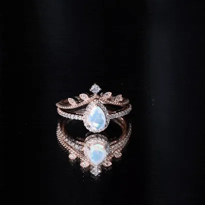 Vintage Style Ethiopian Opal Teardrop Wedding Ring Set with Diamond