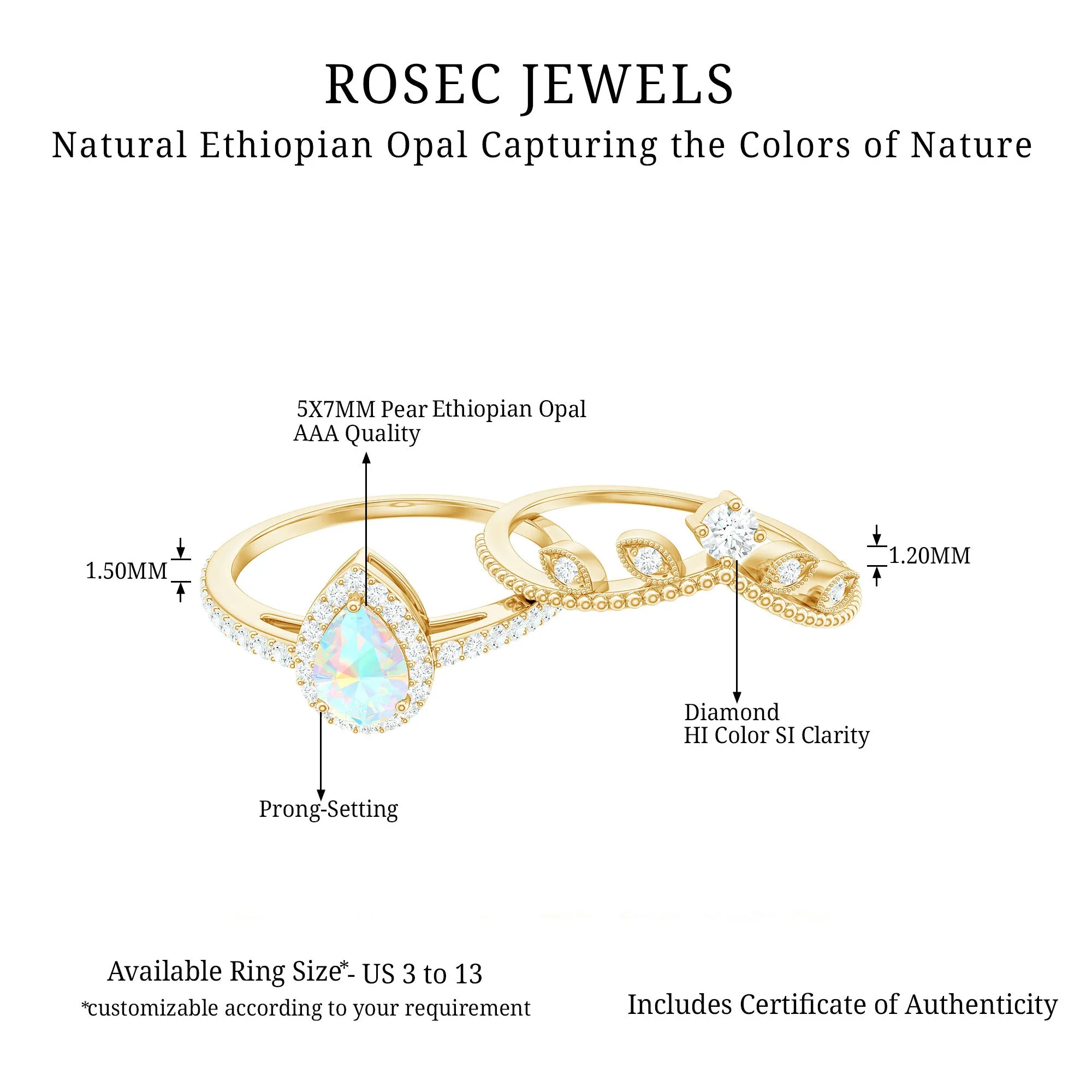 Vintage Style Ethiopian Opal Teardrop Wedding Ring Set with Diamond