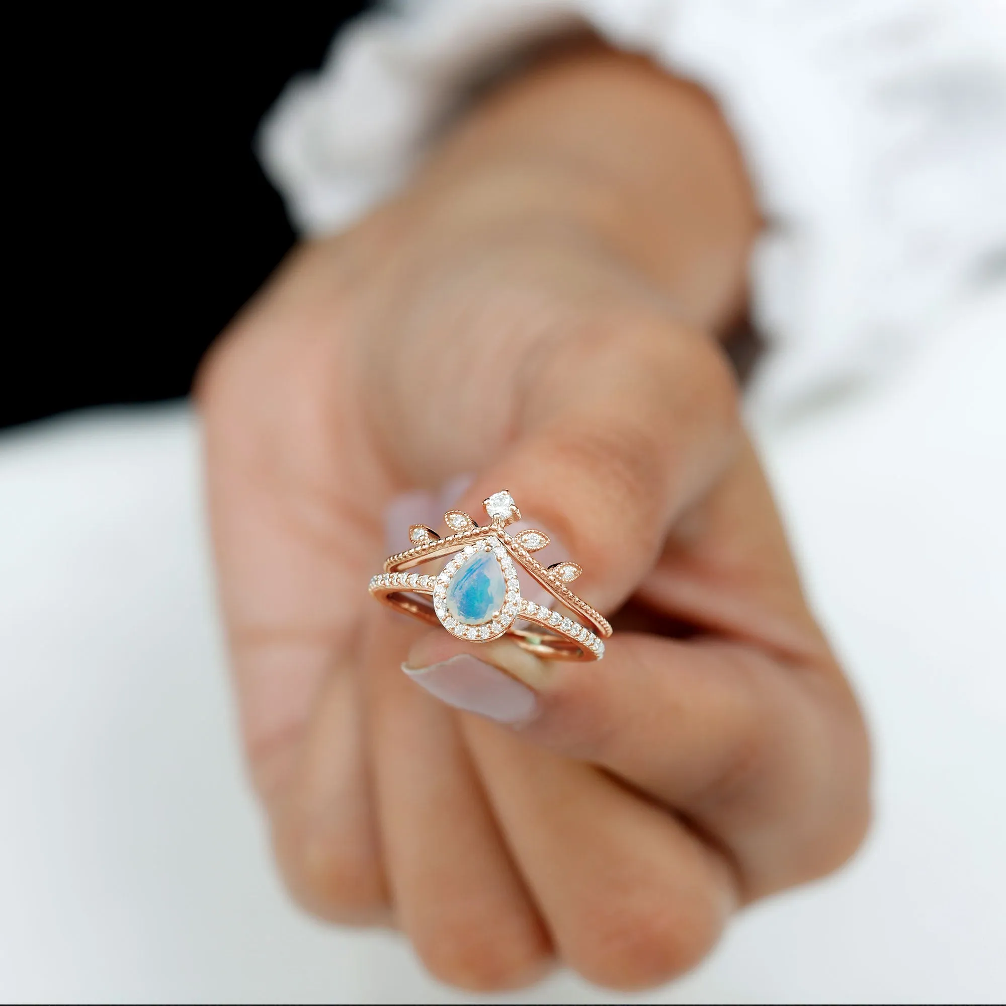 Vintage Style Ethiopian Opal Teardrop Wedding Ring Set with Diamond