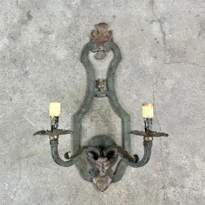 Wall Light Sconce, Iron, Dark Green, Bronzed Decorative Leaves, Two Arm, Traditional