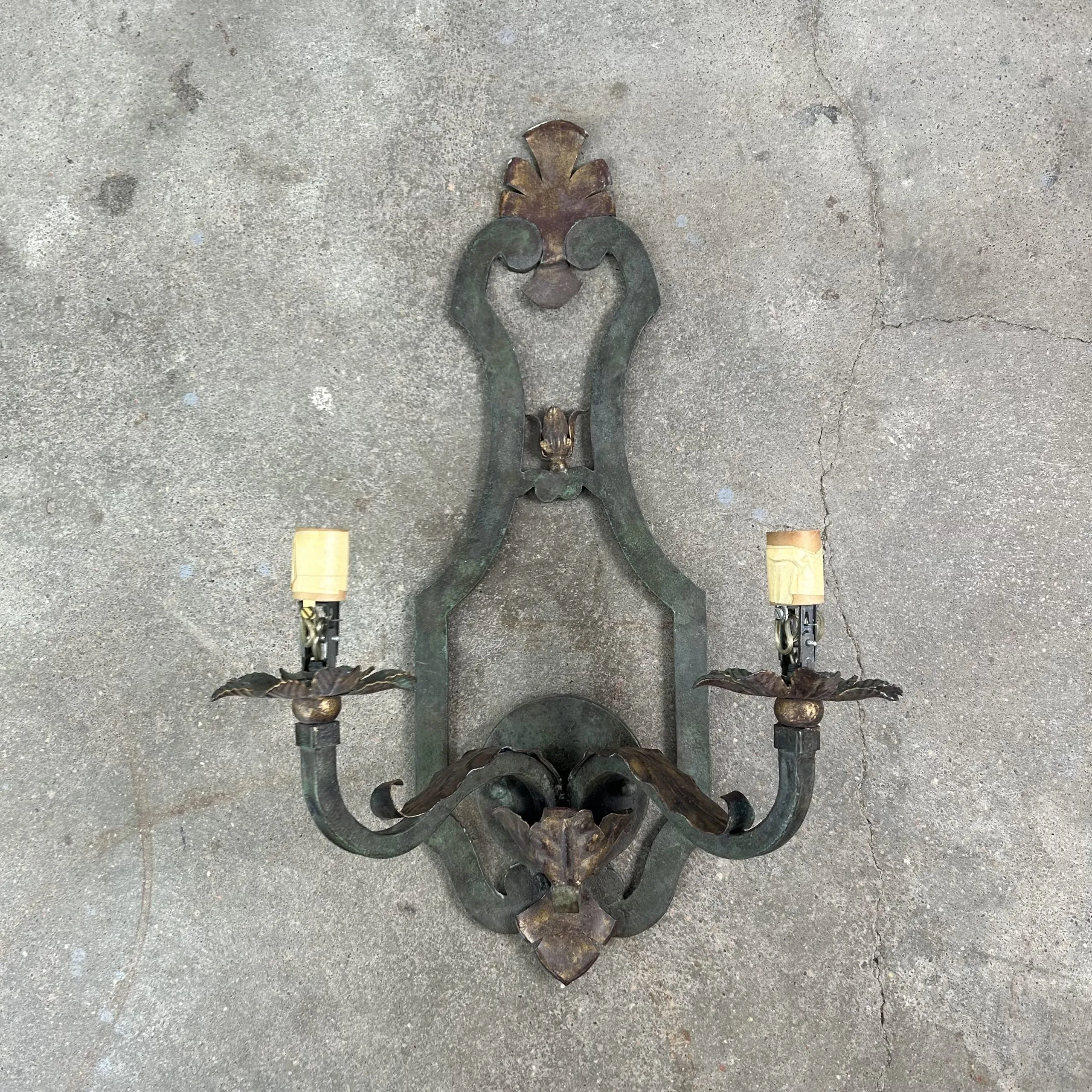 Wall Light Sconce, Iron, Dark Green, Bronzed Decorative Leaves, Two Arm, Traditional