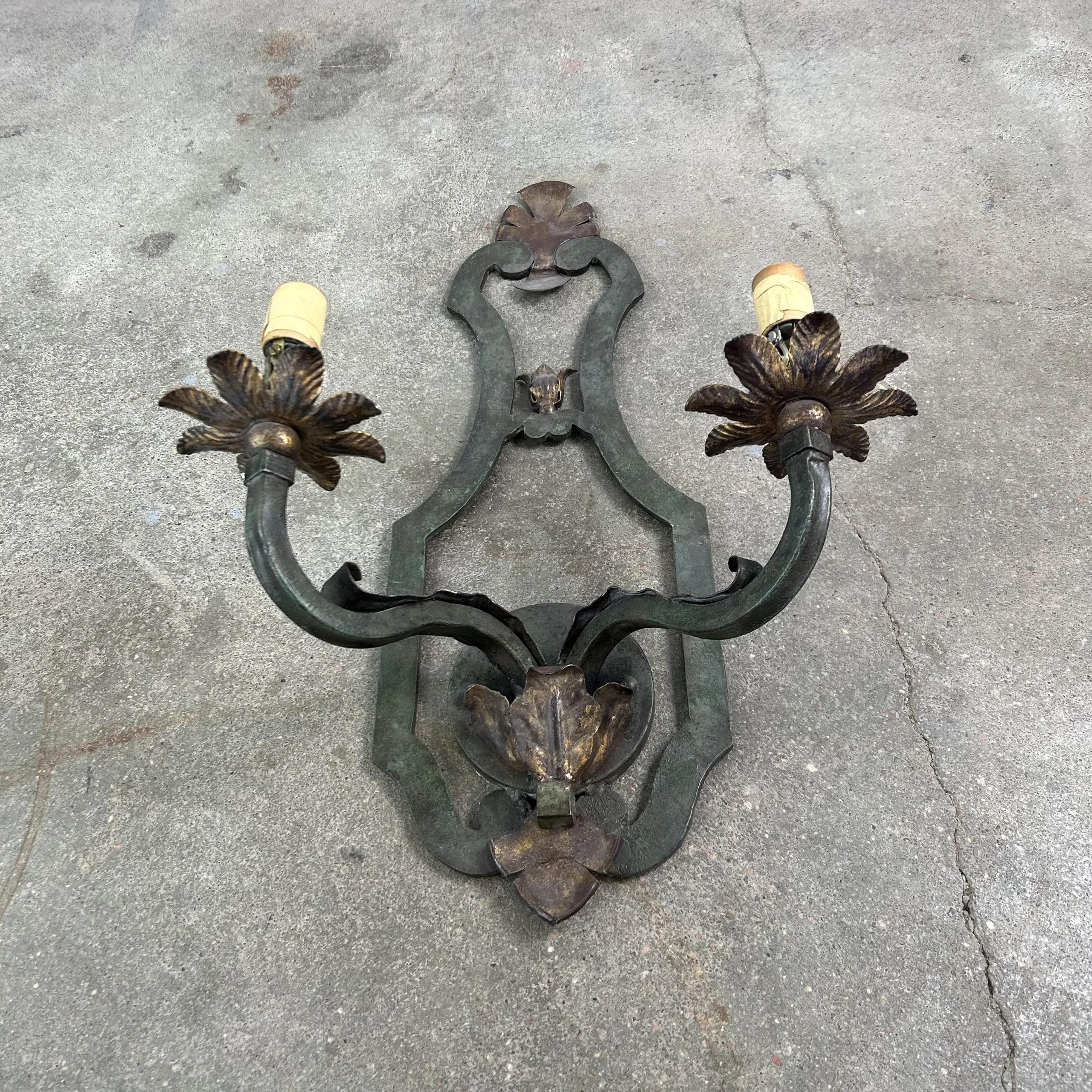 Wall Light Sconce, Iron, Dark Green, Bronzed Decorative Leaves, Two Arm, Traditional