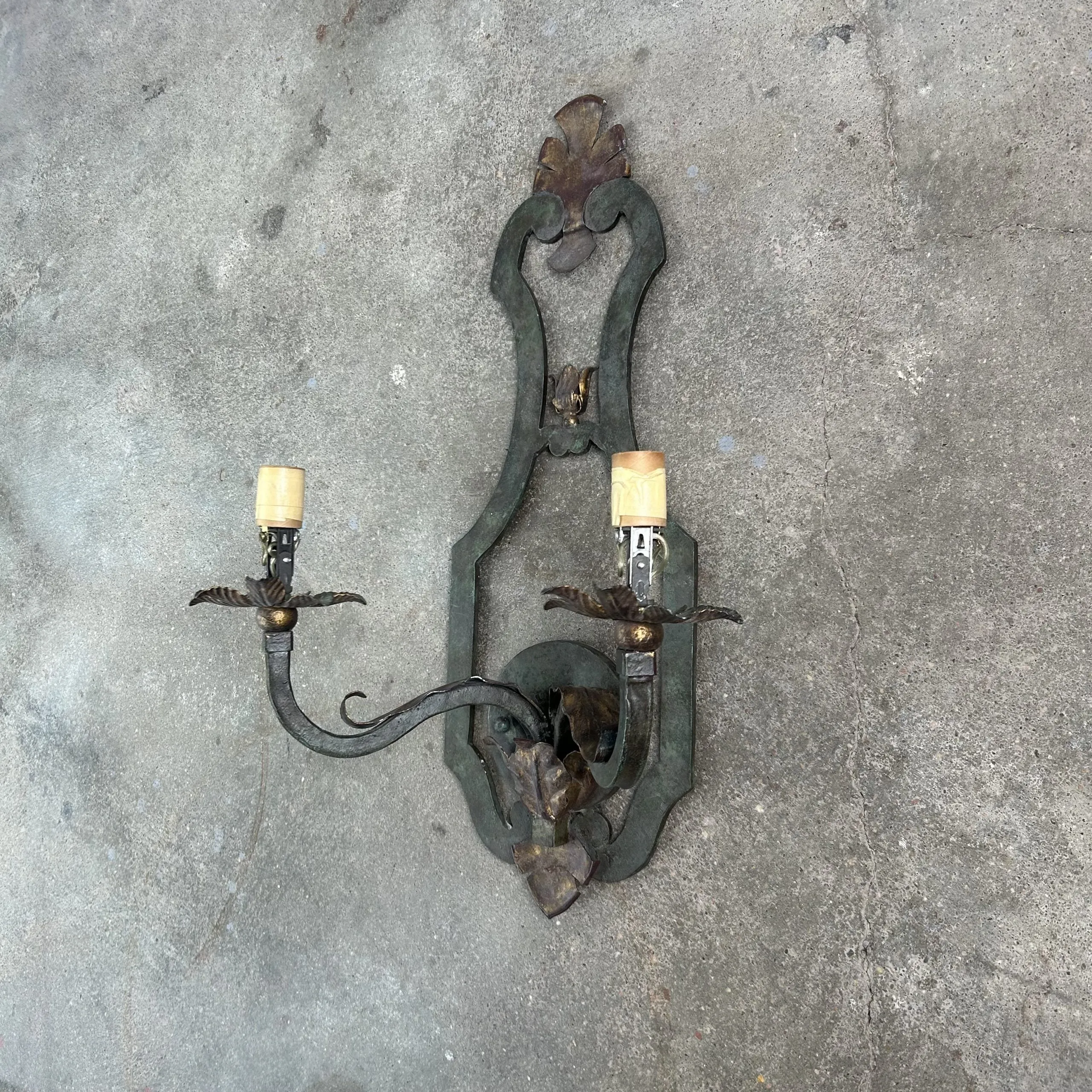 Wall Light Sconce, Iron, Dark Green, Bronzed Decorative Leaves, Two Arm, Traditional