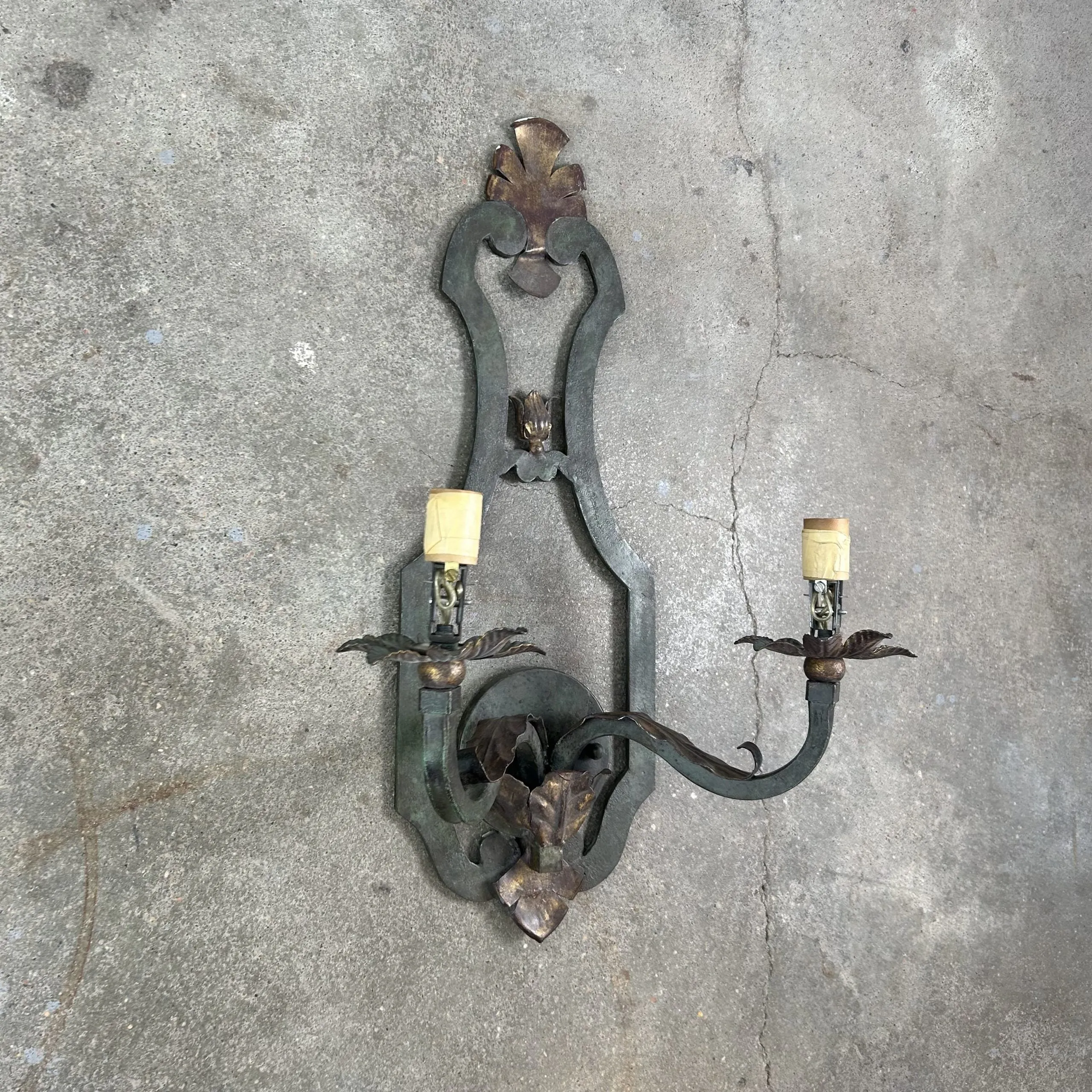 Wall Light Sconce, Iron, Dark Green, Bronzed Decorative Leaves, Two Arm, Traditional