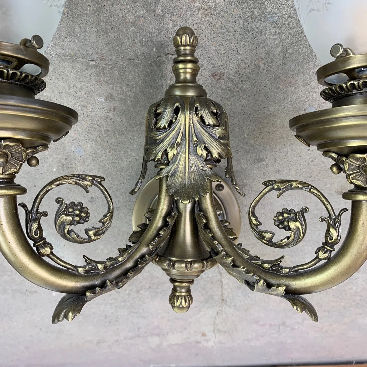 Wall Light, Wall Sconce, Aged Brass, Two Light, Etched Glass Shade