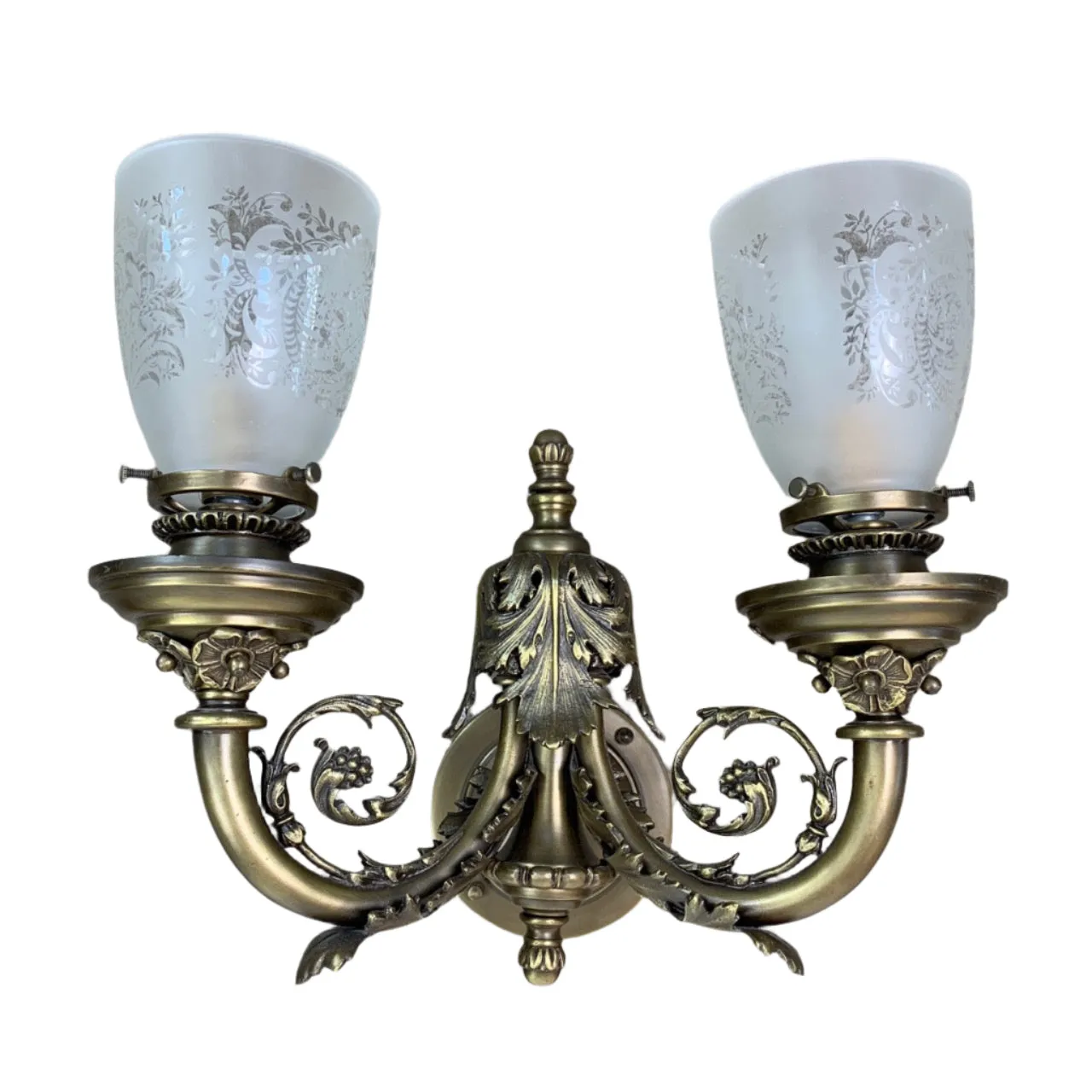 Wall Light, Wall Sconce, Aged Brass, Two Light, Etched Glass Shade