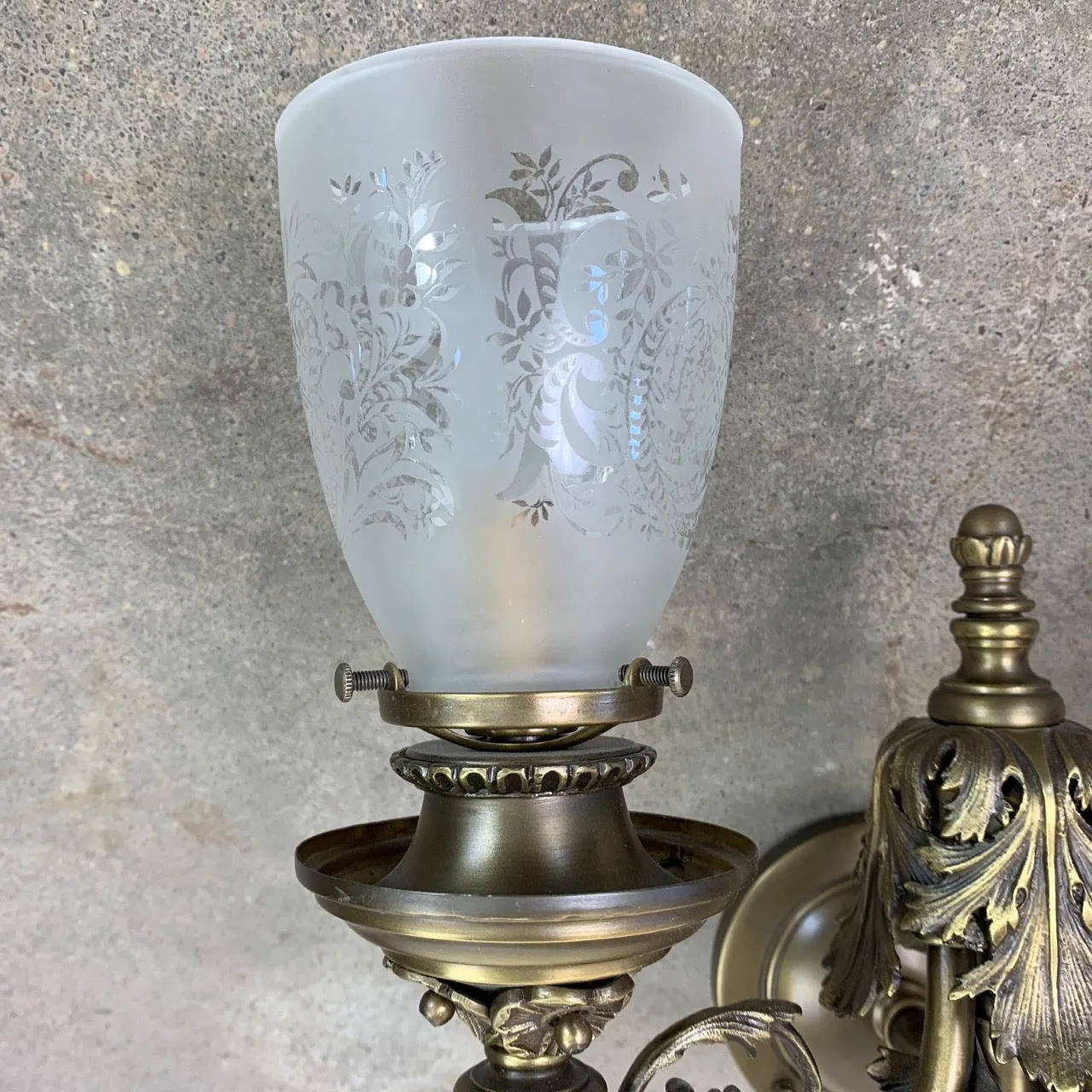 Wall Light, Wall Sconce, Aged Brass, Two Light, Etched Glass Shade