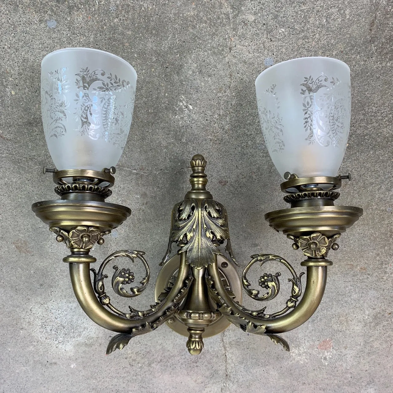 Wall Light, Wall Sconce, Aged Brass, Two Light, Etched Glass Shade