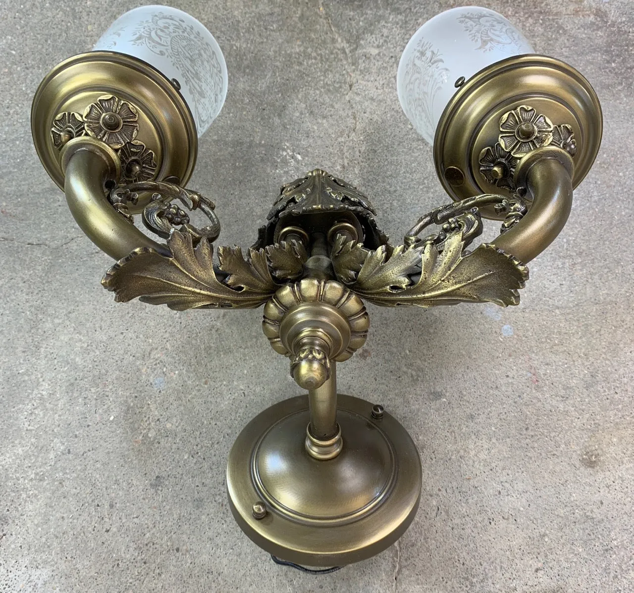 Wall Light, Wall Sconce, Aged Brass, Two Light, Etched Glass Shade