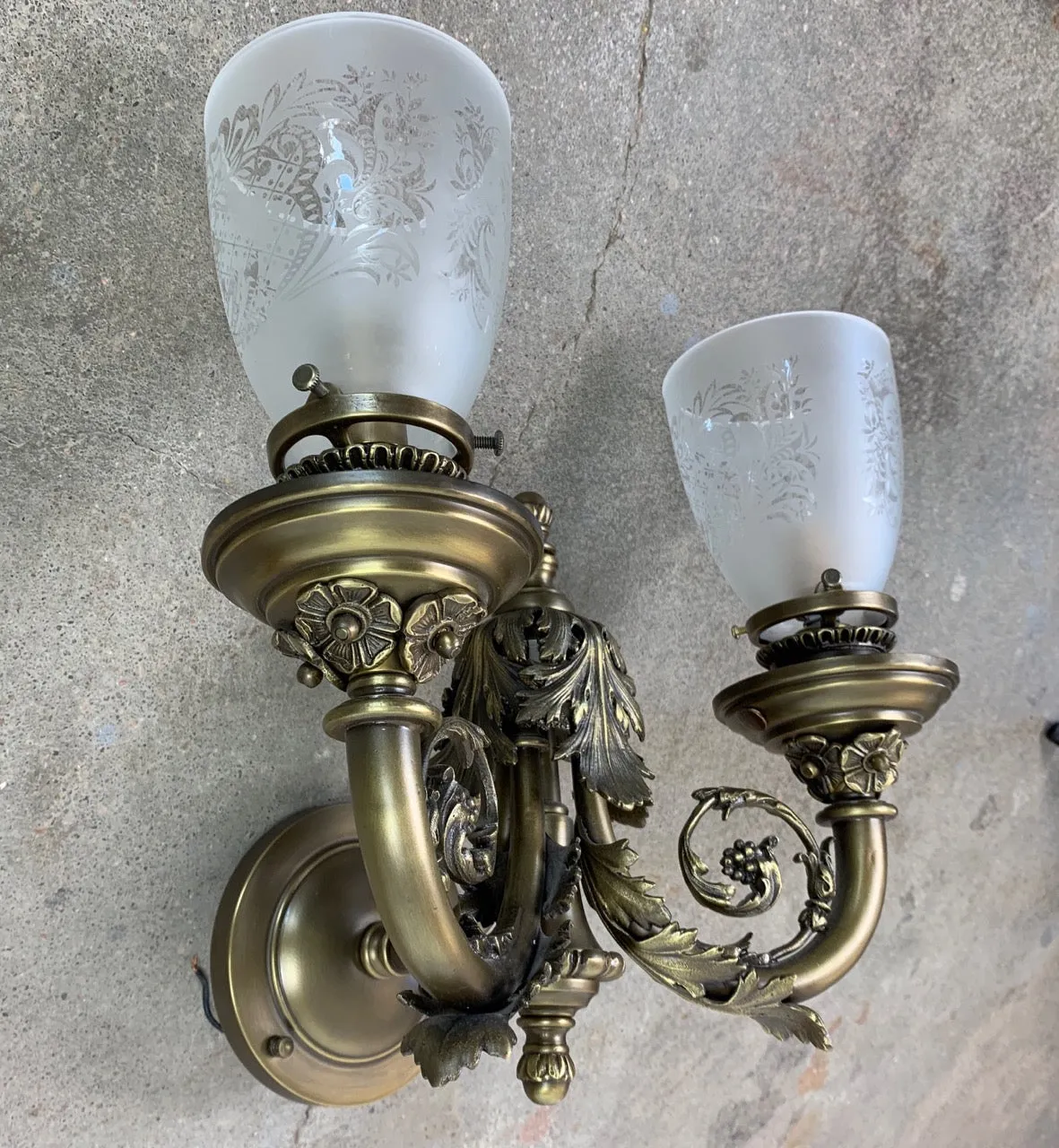 Wall Light, Wall Sconce, Aged Brass, Two Light, Etched Glass Shade