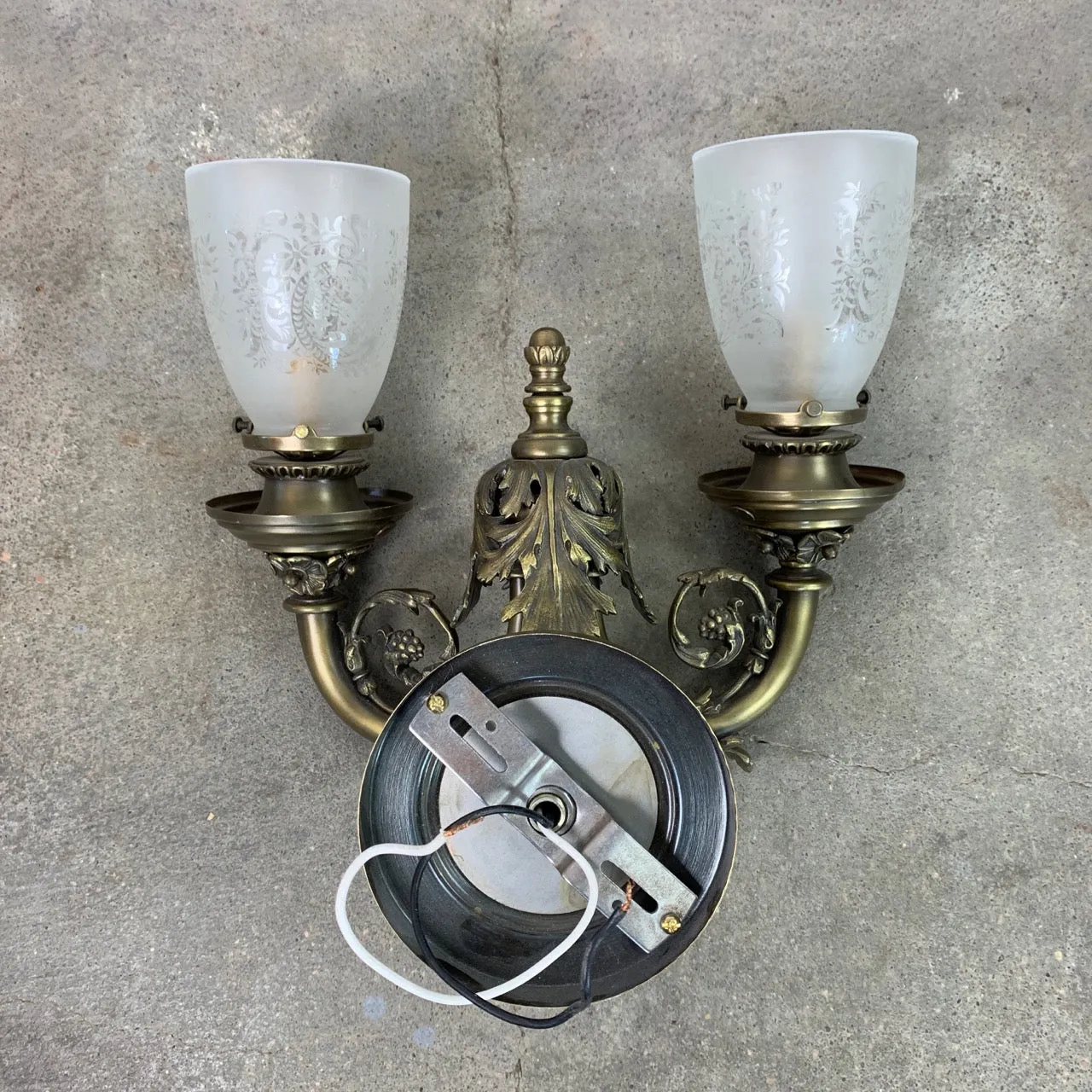 Wall Light, Wall Sconce, Aged Brass, Two Light, Etched Glass Shade