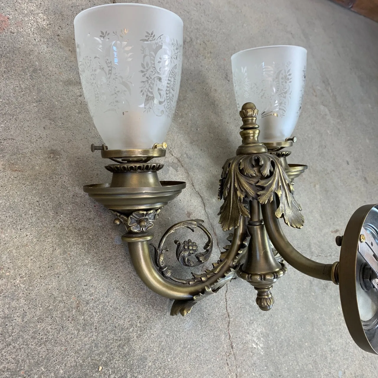 Wall Light, Wall Sconce, Aged Brass, Two Light, Etched Glass Shade