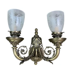 Wall Light, Wall Sconce, Aged Brass, Two Light, Etched Glass Shade